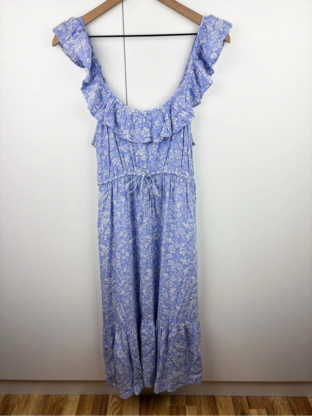 J. Crew Ruffled Cinchwaist Dress Blue Natural Floral Midi NEW Small Boho